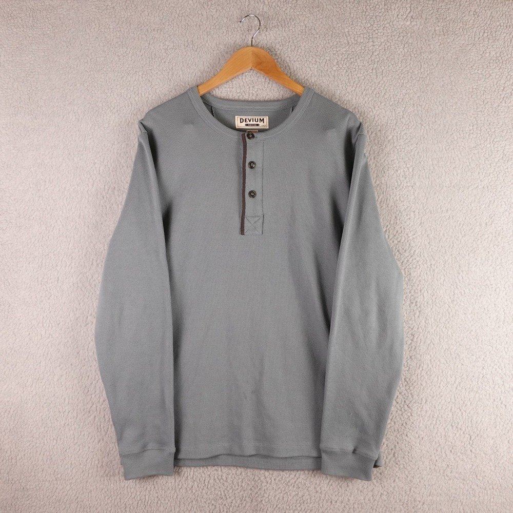 Devium Lifelong Mens Large Henley Shirt Blue Gray Waffle Knit Made in USA L/S